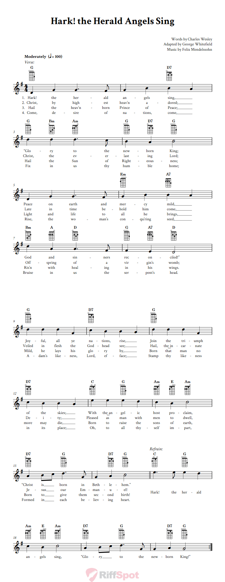 Hark! the Herald Angels Sing Baritone Ukulele Chords and Vocal Sheet Music