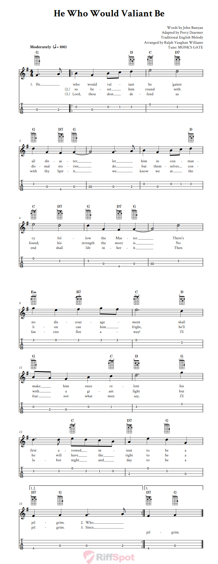 He Who Would Valiant Be  Baritone Ukulele Tab
