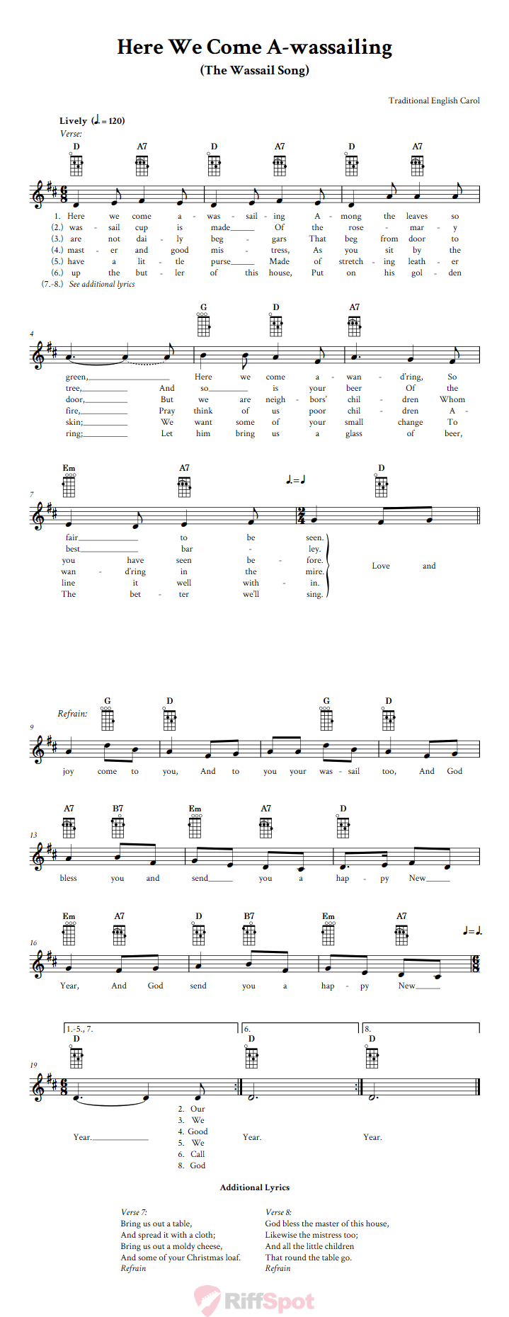Here We Come A-wassailing Baritone Ukulele Chords and Vocal Sheet Music