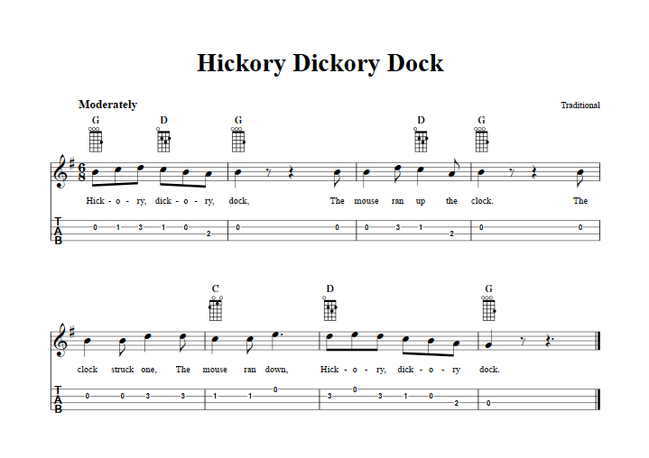 Hickory Dickory Dock  Baritone Ukulele Tab