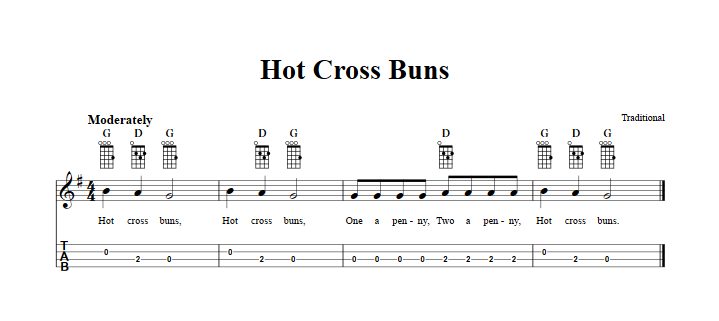 Hot Cross Buns - Easy Baritone Ukulele Sheet Music and Tab w