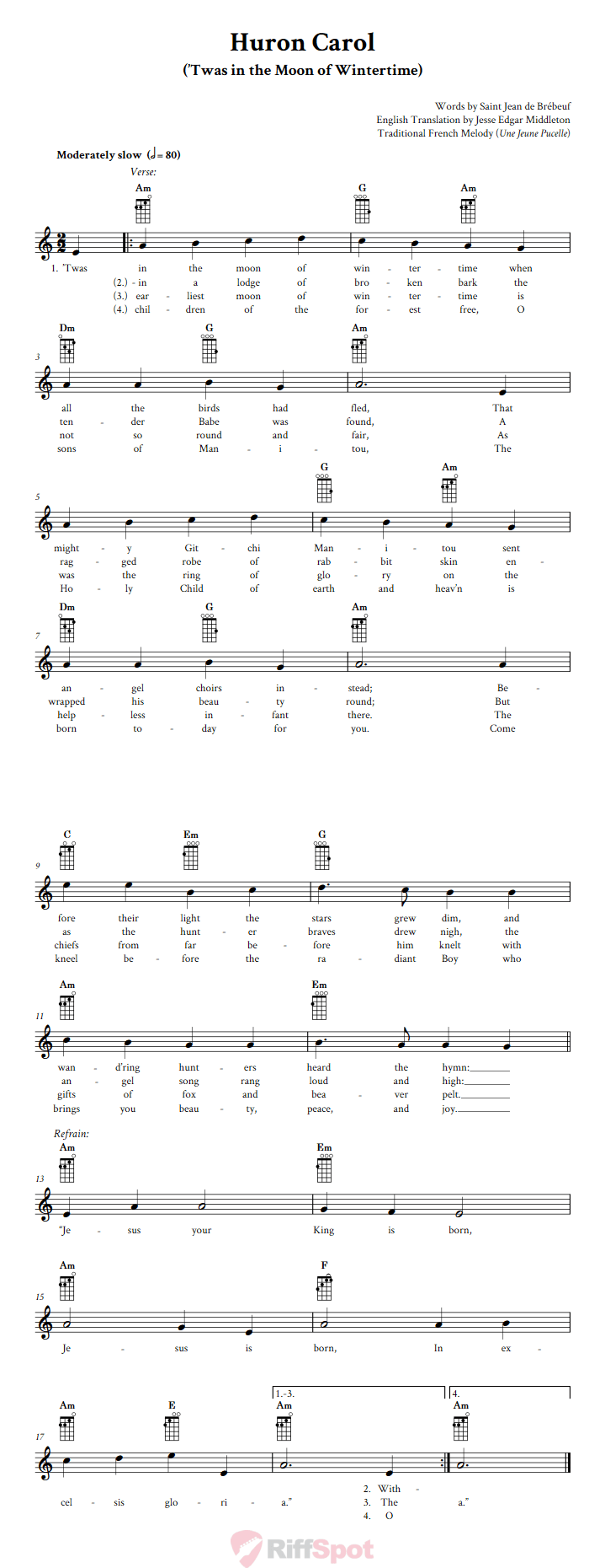 Huron Carol Baritone Ukulele Chords and Vocal Sheet Music