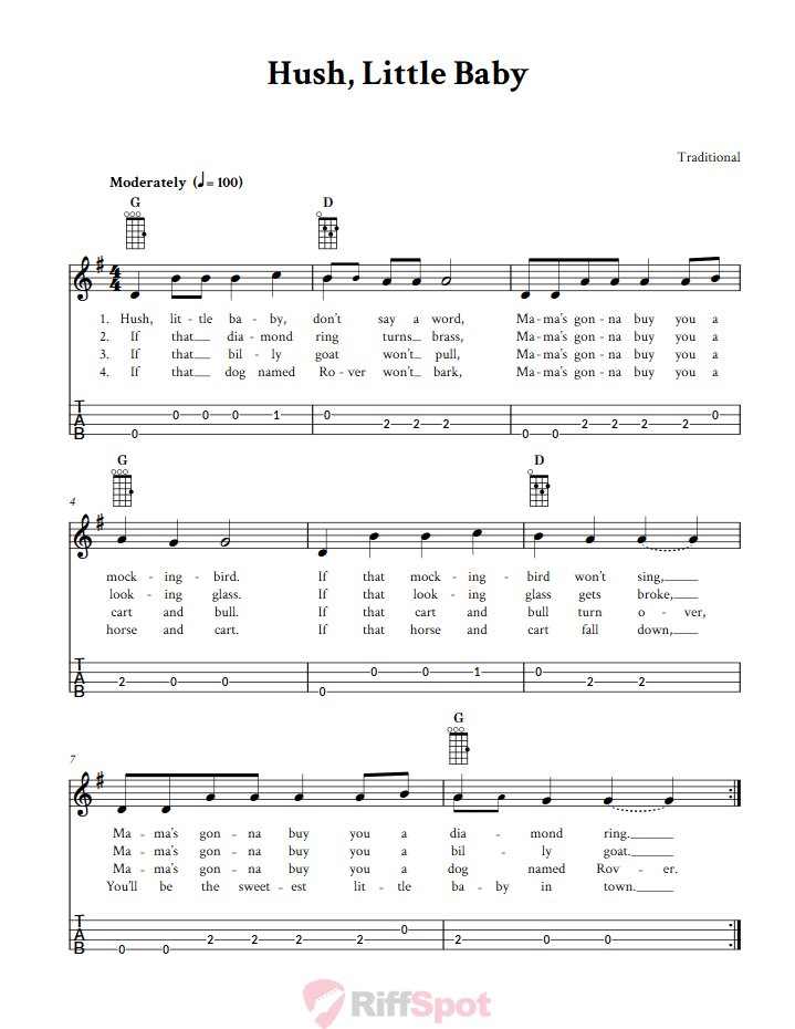 Hush, Little Baby Baritone Ukulele Tab