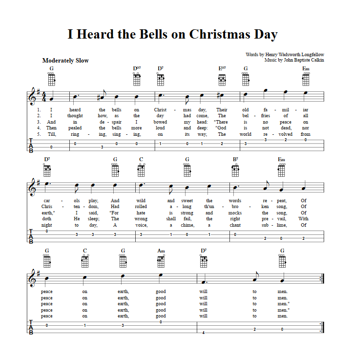 I Heard the Bells on Christmas Day  Baritone Ukulele Tab