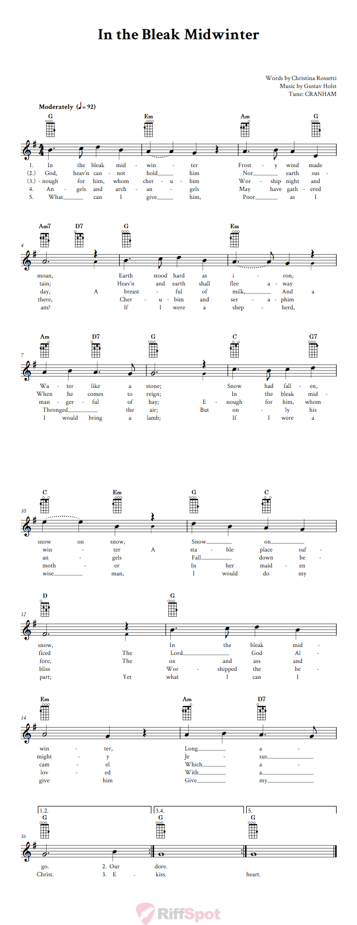In the Bleak Midwinter Baritone Ukulele Chords and Vocal Sheet Music