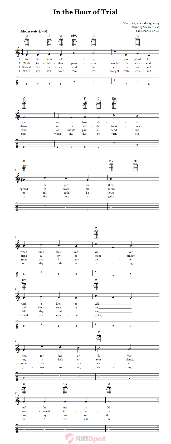 In the Hour of Trial  Baritone Ukulele Tab