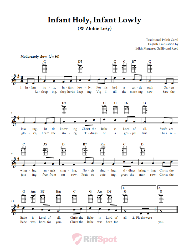 Infant Holy, Infant Lowly Baritone Ukulele Chords and Vocal Sheet Music