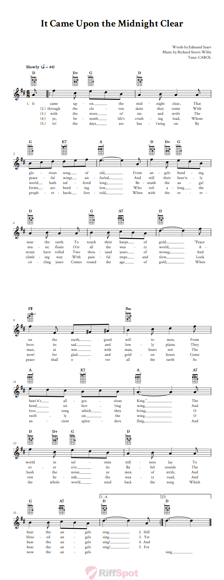 It Came Upon the Midnight Clear Baritone Ukulele Chords and Vocal Sheet Music