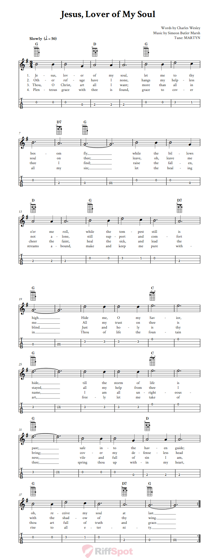 Jesus, Lover of My Soul  Baritone Ukulele Tab