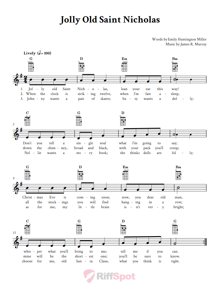 Jolly Old Saint Nicholas Baritone Ukulele Chords and Vocal Sheet Music