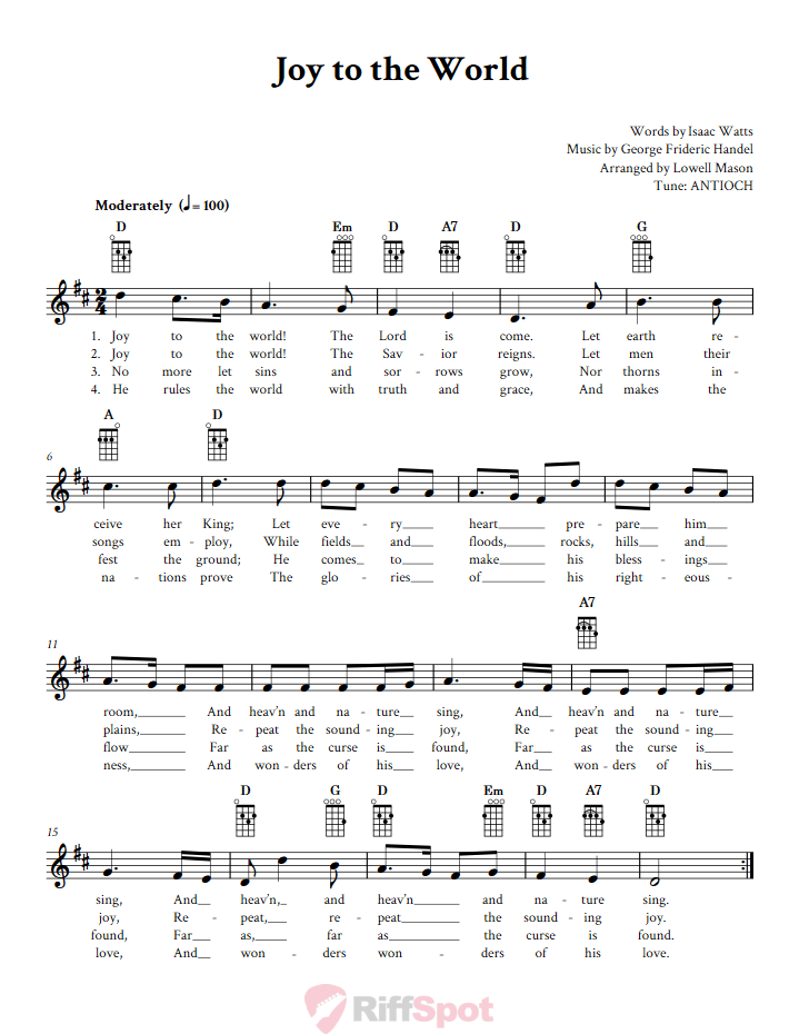 Joy to the World Baritone Ukulele Chords and Vocal Sheet Music