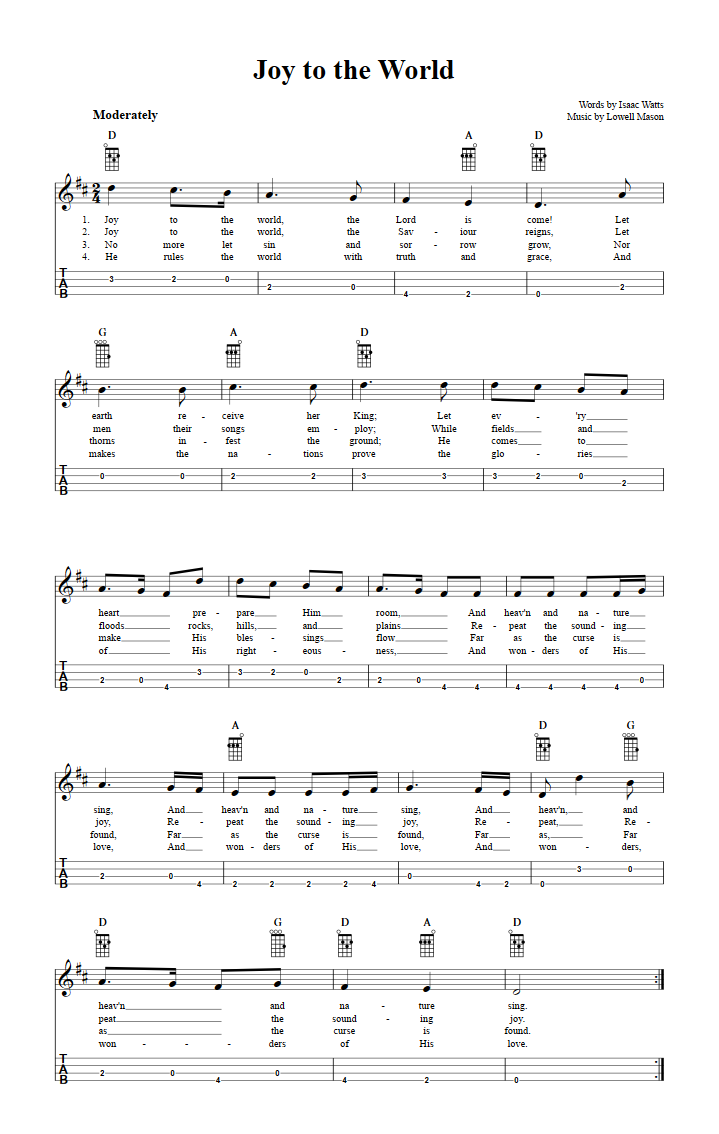 Joy to the World Easy Baritone Ukulele Sheet Music and Tab with