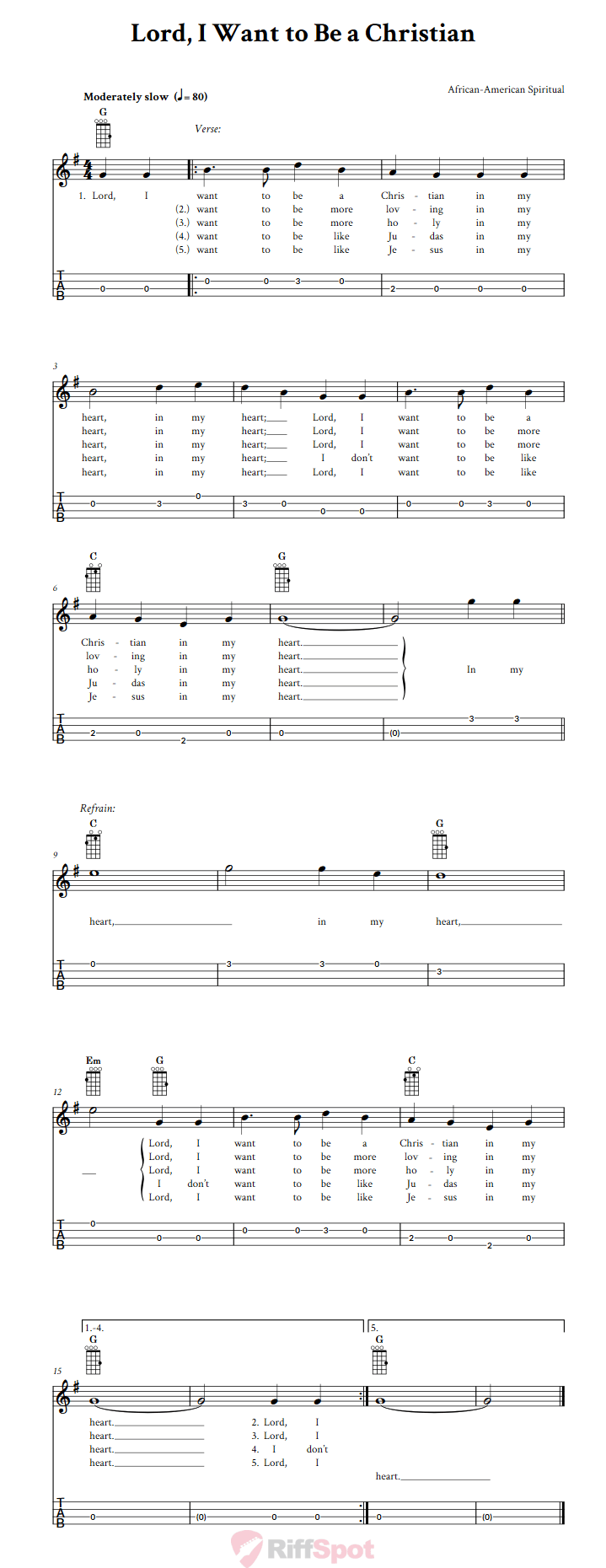 Lord, I Want to Be a Christian  Baritone Ukulele Tab