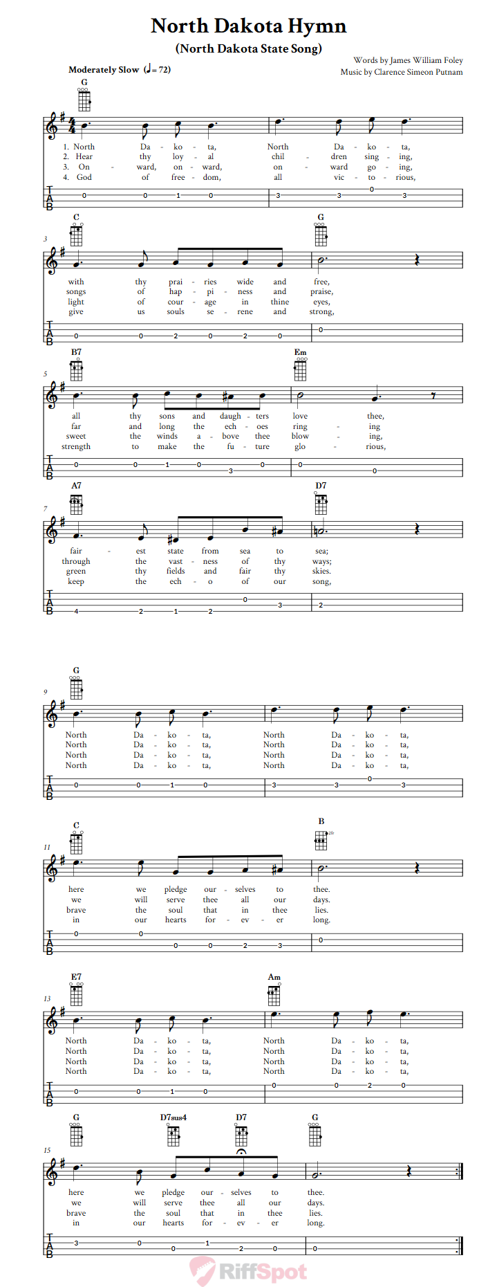 North Dakota Hymn  Baritone Ukulele Tab