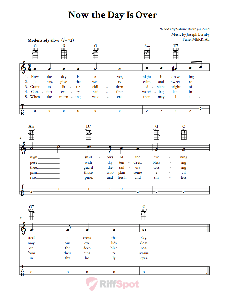 Now the Day Is Over  Baritone Ukulele Tab