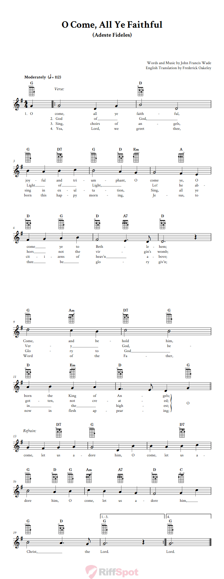 O Come, All Ye Faithful Baritone Ukulele Chords and Vocal Sheet Music