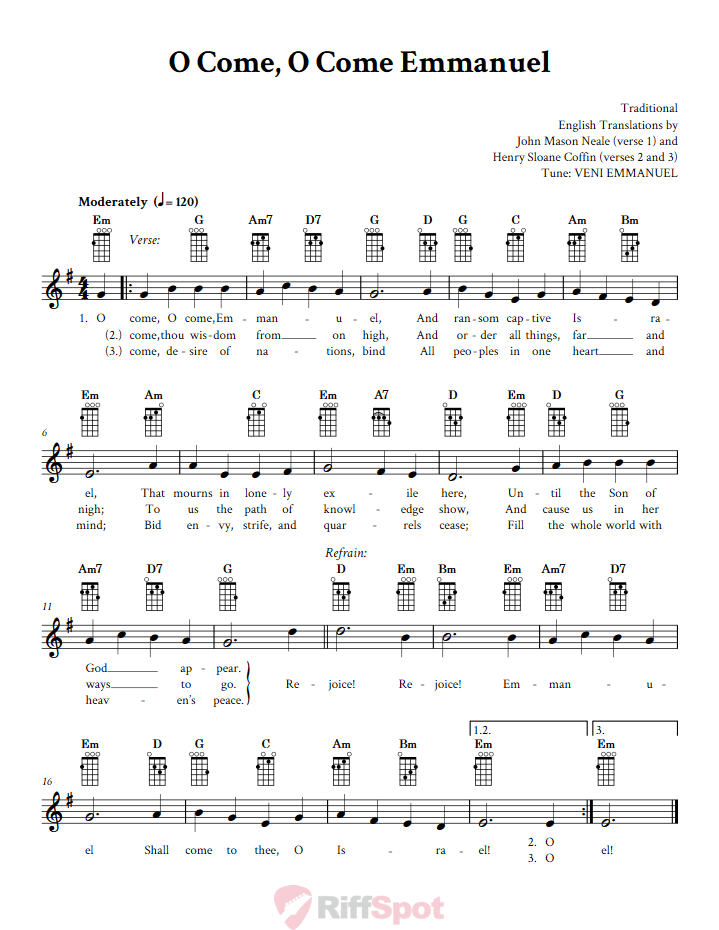 O Come, O Come Emmanuel Baritone Ukulele Chords and Vocal Sheet Music