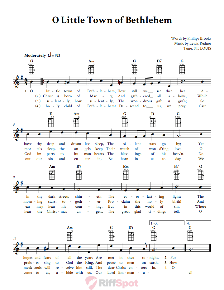 O Little Town of Bethlehem Baritone Ukulele Chords and Vocal Sheet Music