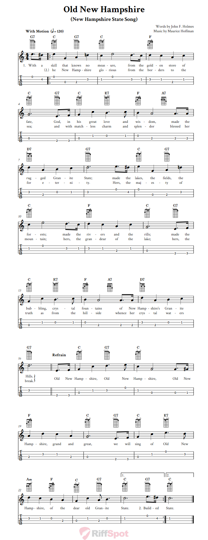 Old New Hampshire  Baritone Ukulele Tab