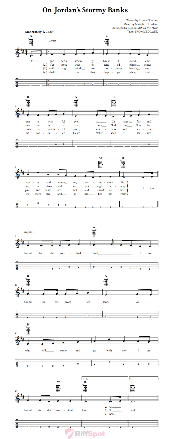 On Jordan's Stormy Banks  Baritone Ukulele Tab