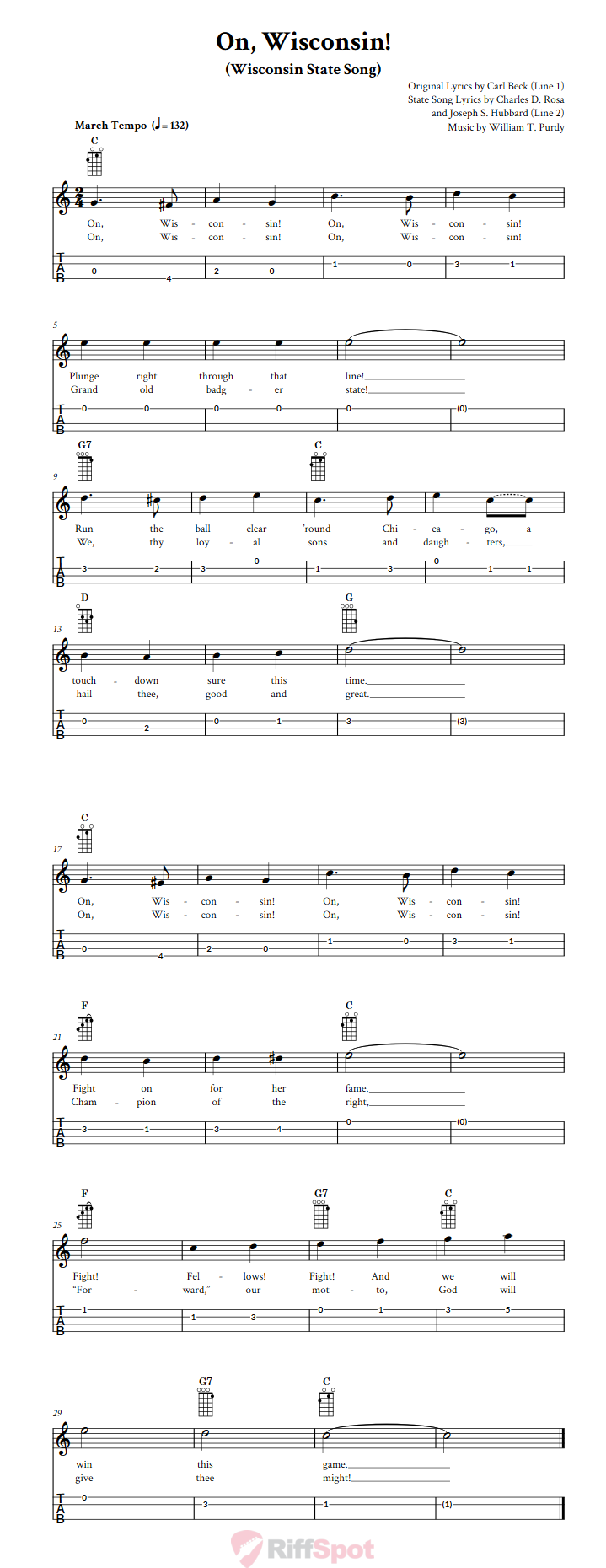 On, Wisconsin!  Baritone Ukulele Tab