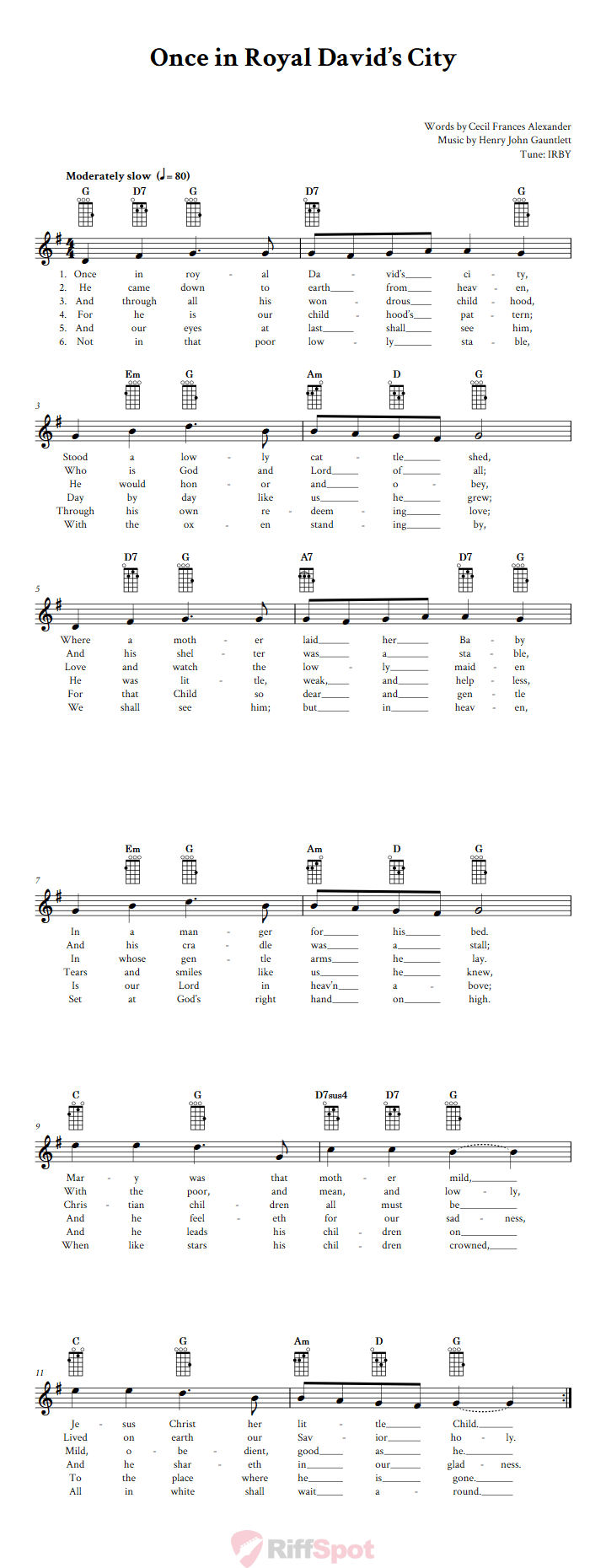 Once in Royal David's City Baritone Ukulele Chords and Vocal Sheet Music