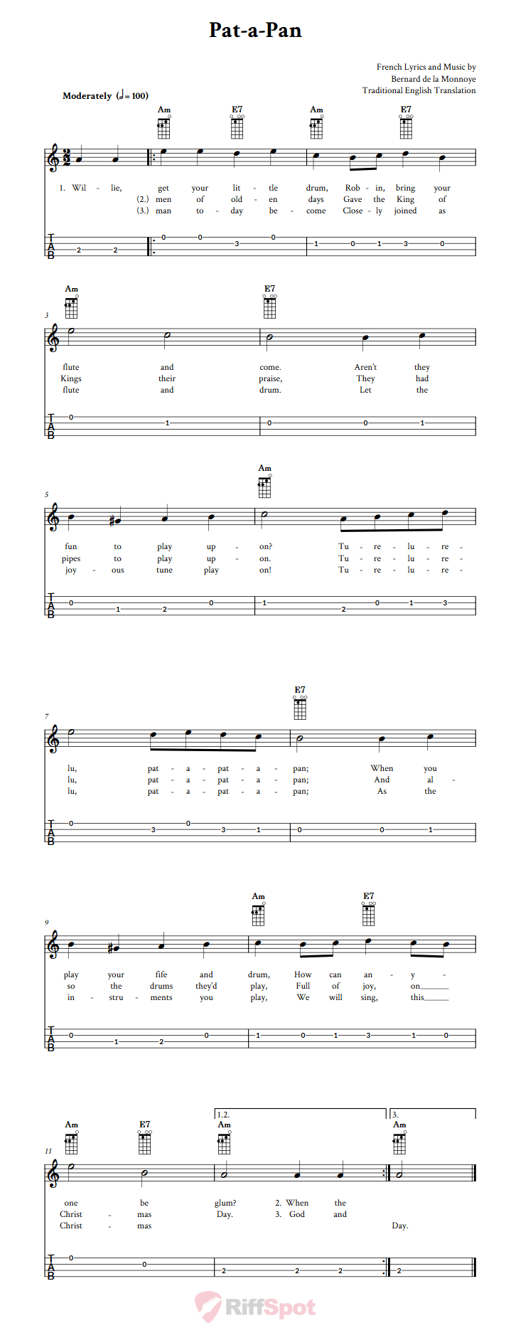 Pat-A-Pan  Baritone Ukulele Tab