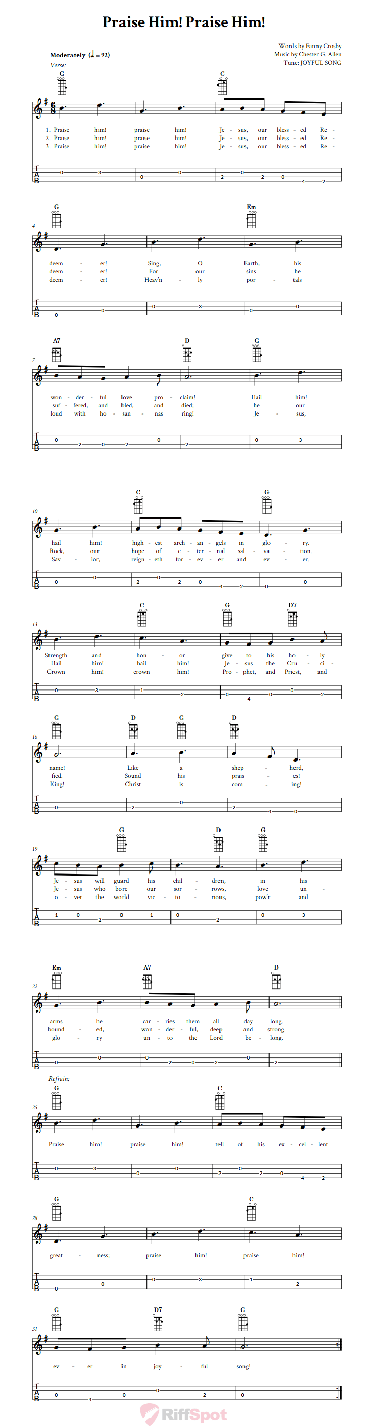 Praise Him! Praise Him!  Baritone Ukulele Tab