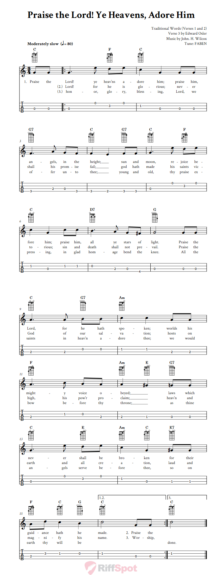 Praise the Lord! Ye Heavens, Adore Him  Baritone Ukulele Tab