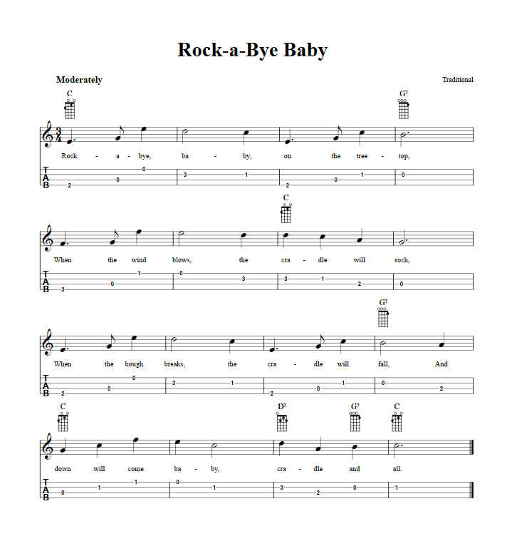 Rock-a-Bye Baby  Baritone Ukulele Tab