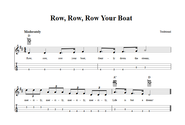 Row, Row, Row Your Boat  Baritone Ukulele Tab