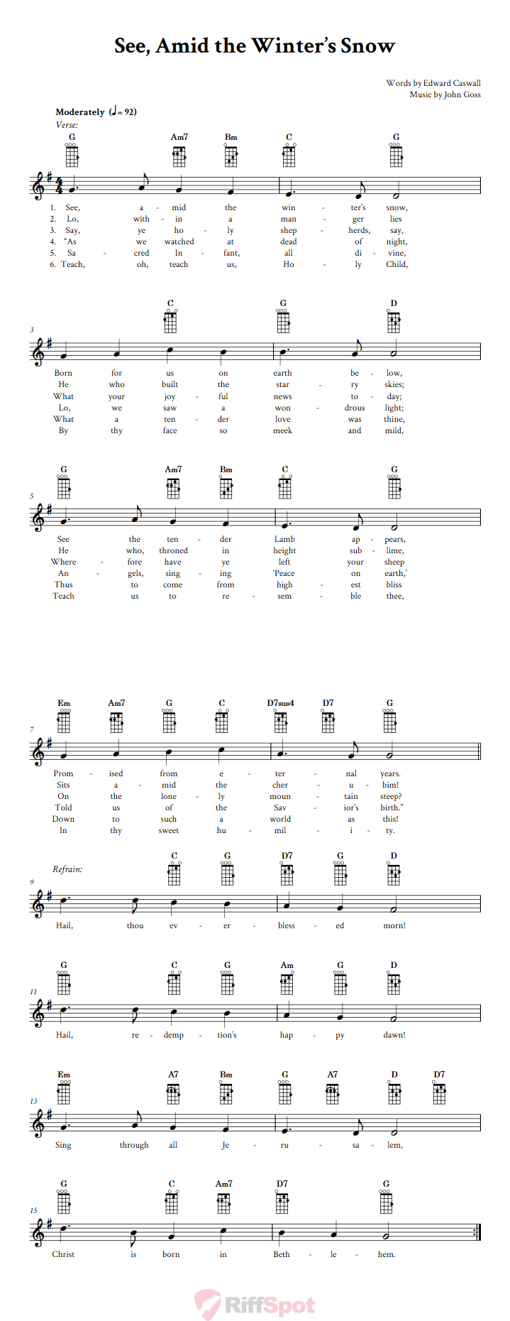 See, Amid the Winter's Snow Baritone Ukulele Chords and Vocal Sheet Music