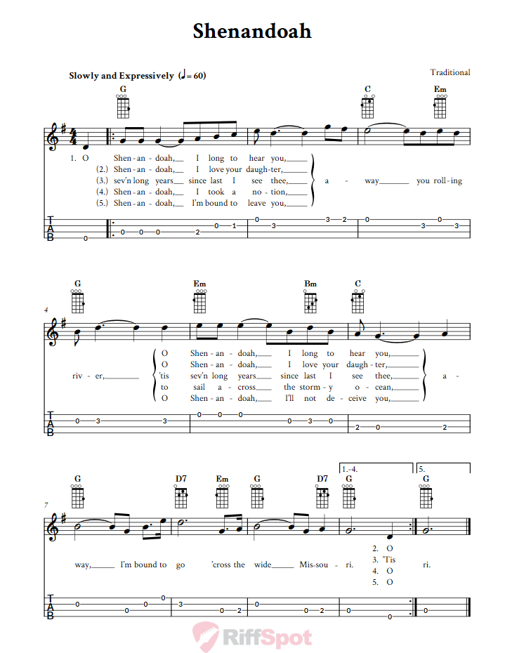 Shenandoah  Baritone Ukulele Tab