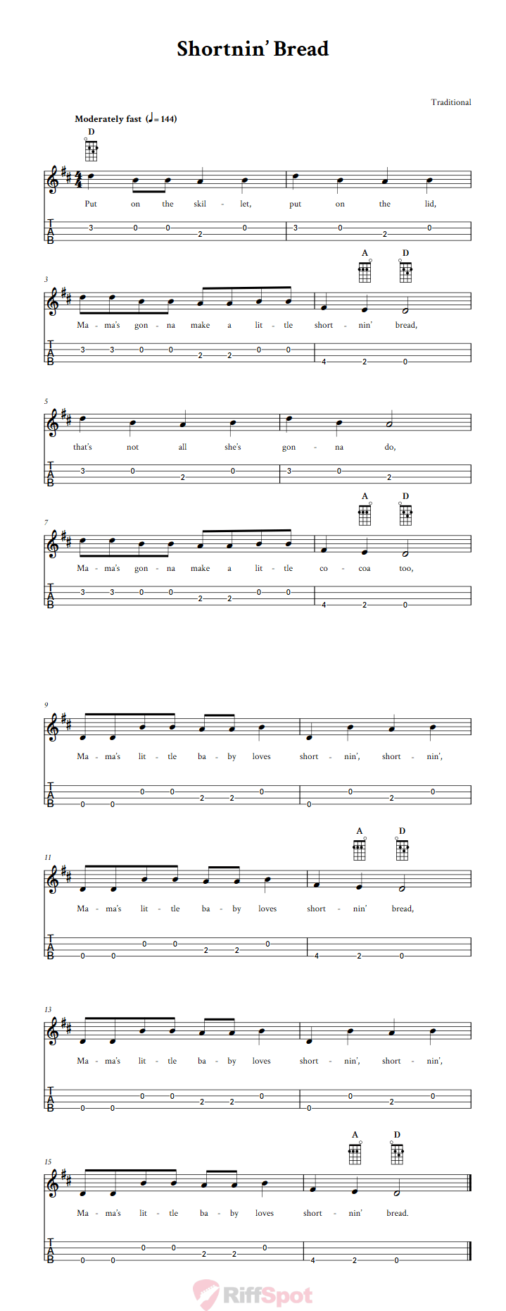 Shortnin' Bread Baritone Ukulele Tab