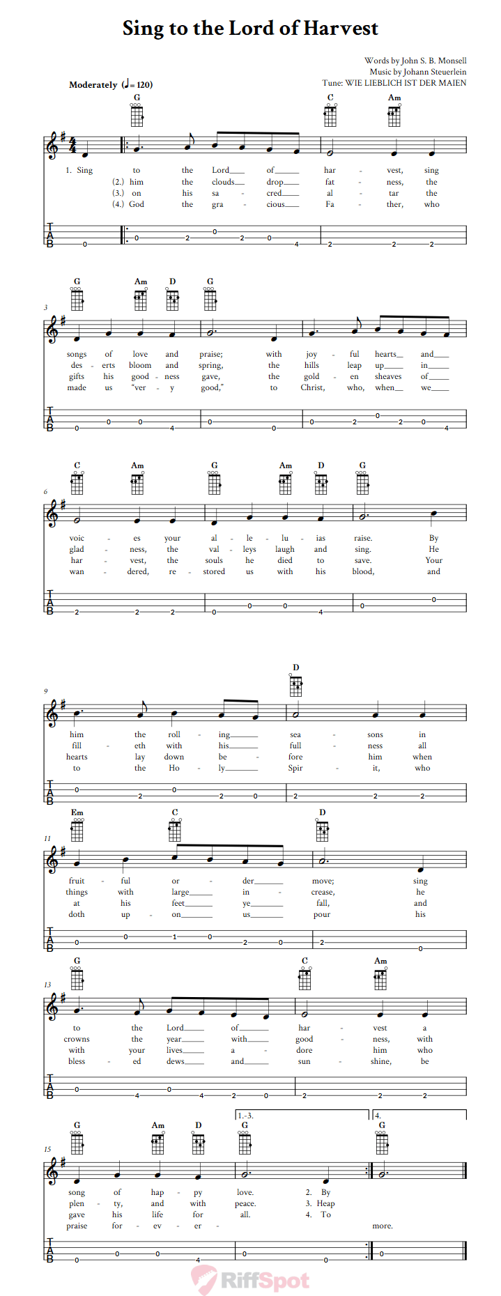 Sing To The Lord Of Harvest  Baritone Ukulele Tab