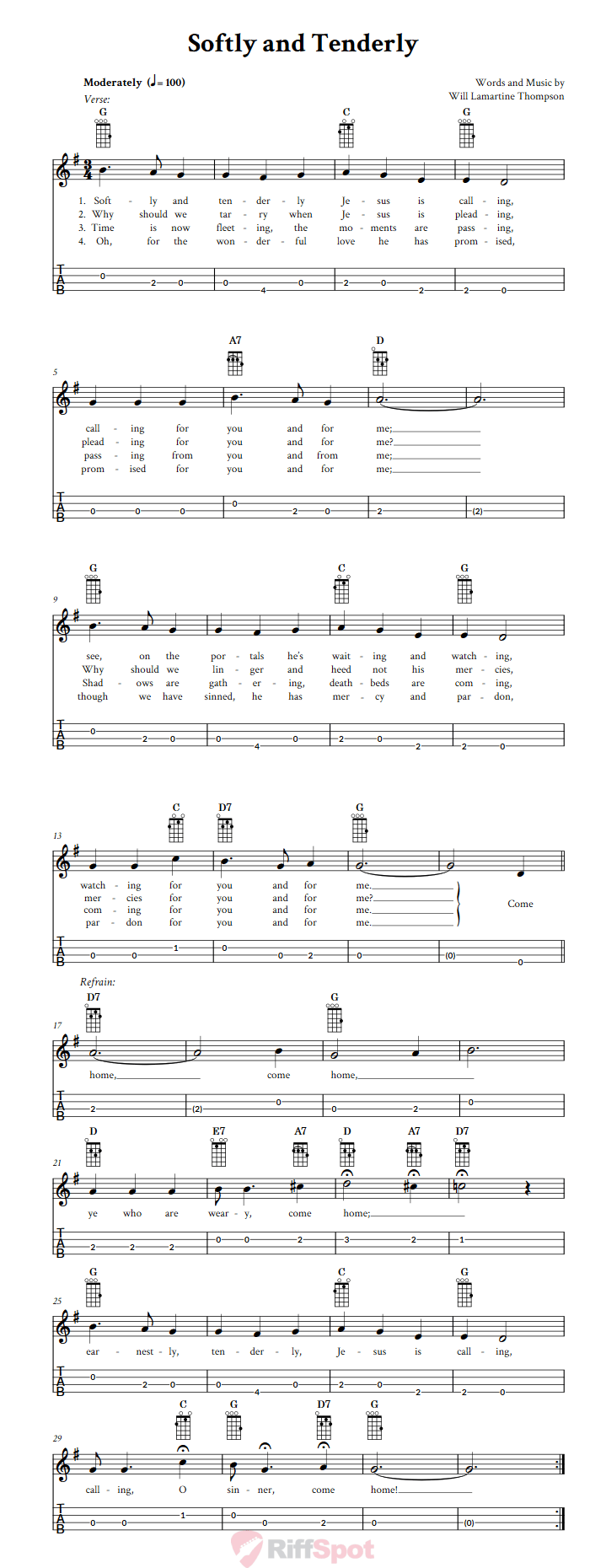 Softly And Tenderly  Baritone Ukulele Tab