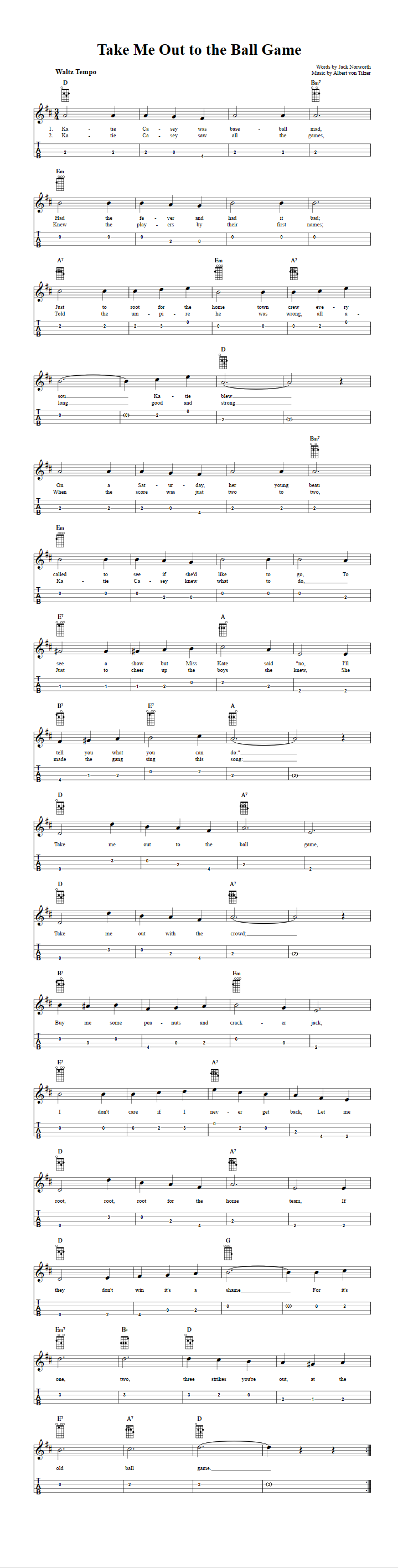 Take Me Out to the Ball Game Easy Baritone Ukulele Sheet Music and