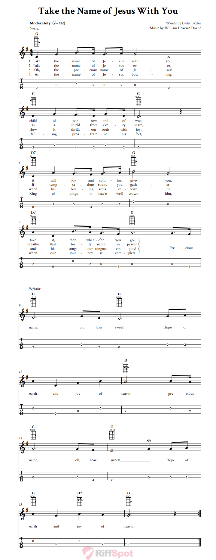 Take the Name of Jesus With You  Baritone Ukulele Tab