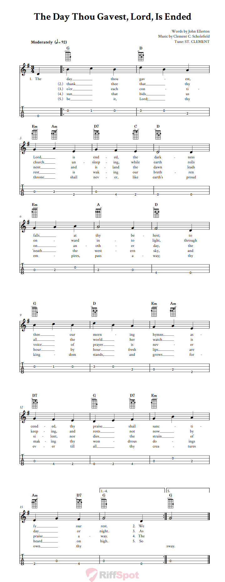 The Day Thou Gavest, Lord, Is Ended  Baritone Ukulele Tab