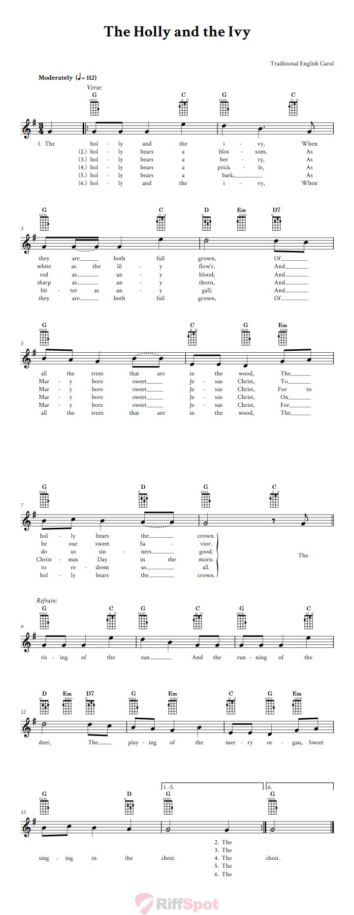 The Holly and the Ivy Baritone Ukulele Chords and Vocal Sheet Music
