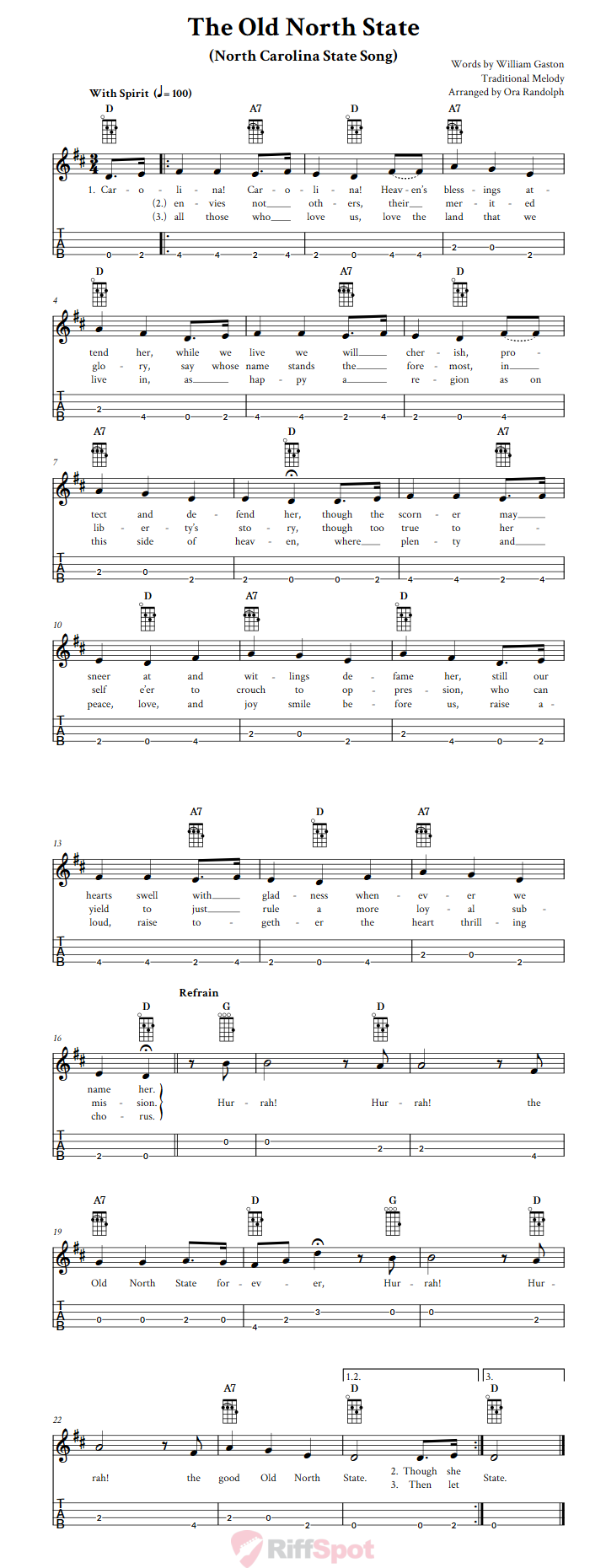 The Old North State  Baritone Ukulele Tab