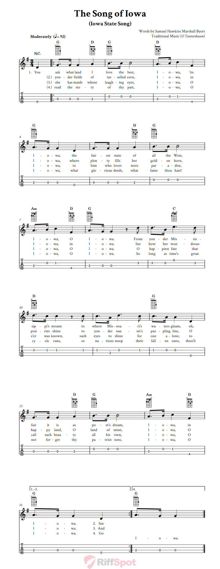 The Song of Iowa  Baritone Ukulele Tab