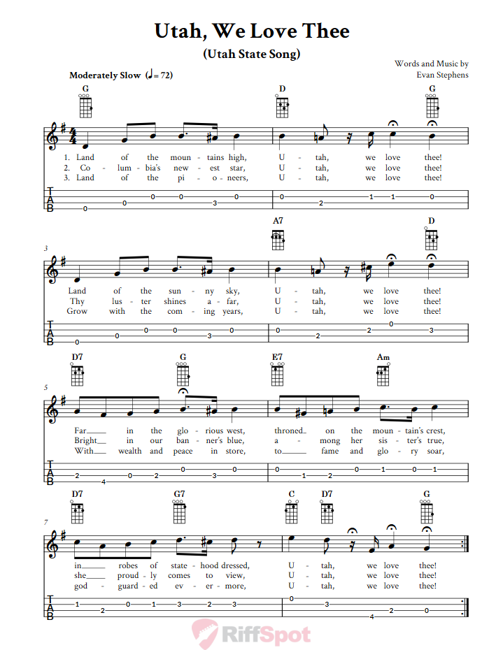 Utah, We Love Thee  Baritone Ukulele Tab