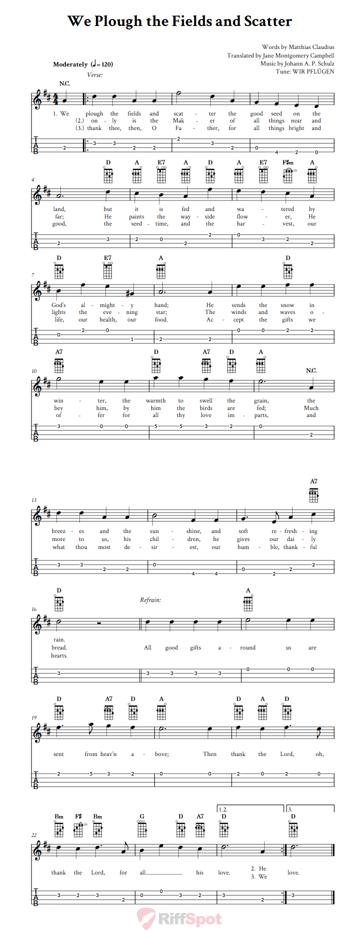 We Plough the Fields and Scatter  Baritone Ukulele Tab