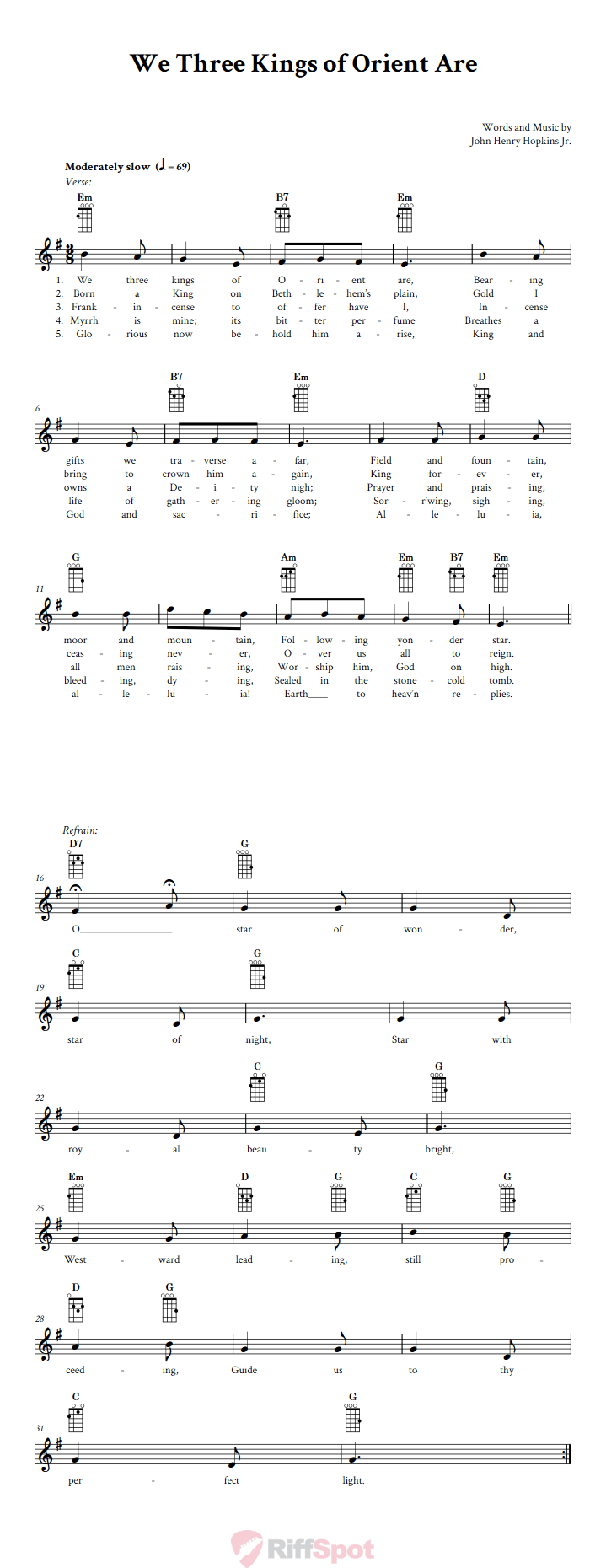 We Three Kings of Orient Are Baritone Ukulele Chords and Vocal Sheet Music