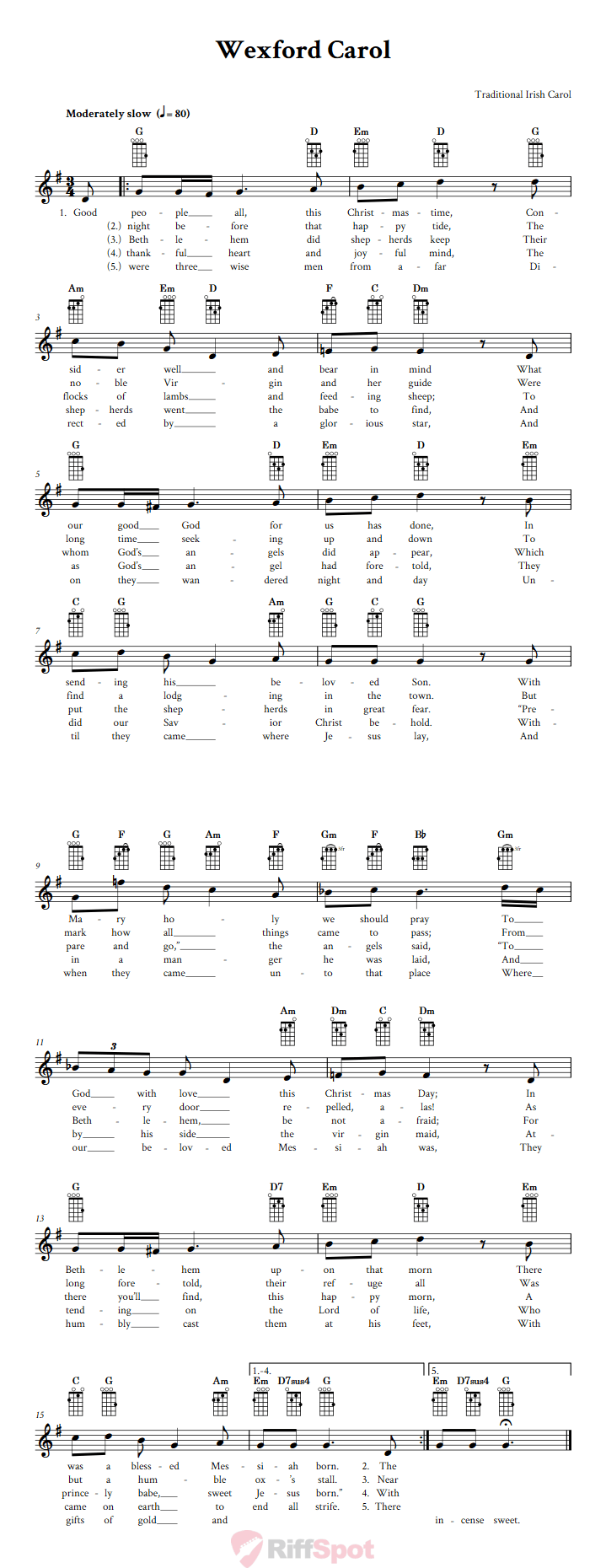 Wexford Carol Baritone Ukulele Chords and Vocal Sheet Music