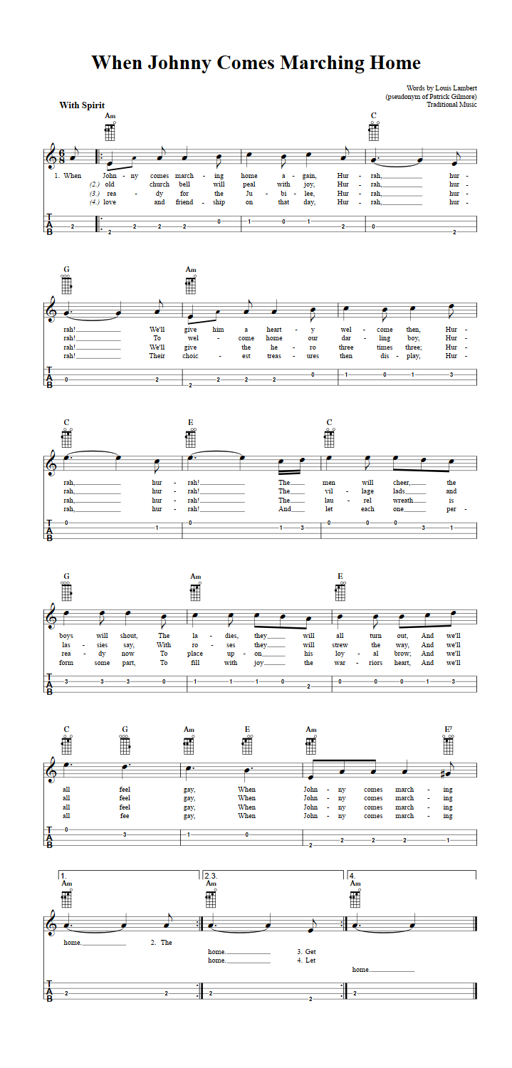 When Johnny Comes Marching Home  Baritone Ukulele Tab
