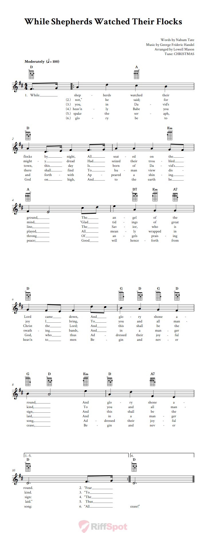 While Shepherds Watched Their Flocks Baritone Ukulele Chords and Vocal Sheet Music