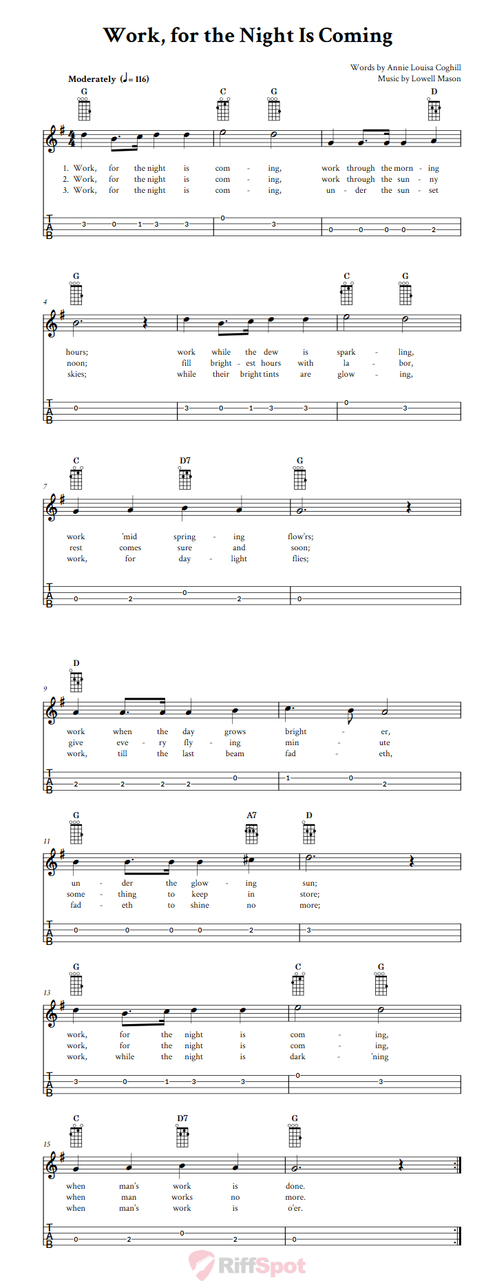 Work, for the Night Is Coming  Baritone Ukulele Tab