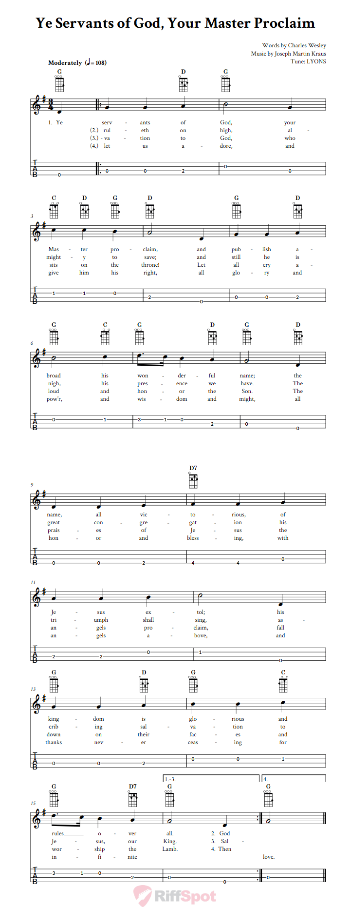 Ye Servants of God, Your Master Proclaim  Baritone Ukulele Tab